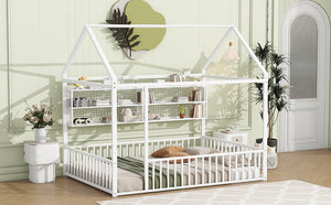 English Elm Full Metal House Bed Frame Full Size with Built-In Fence and 4 Grid Shelves for Durable Storage and Style White N737P175361K