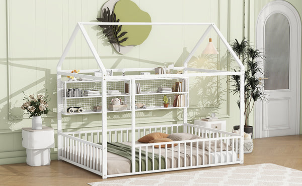 English Elm Full Metal House Bed Frame Full Size with Built-In Fence and 4 Grid Shelves for Durable Storage and Style White N737P175361K