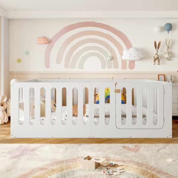 English Elm Twin Solid Pine Montessori Floor Bed with House Frame Door and Safety Fence Light White W5305P420635