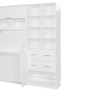 English Elm Full Size Murphy Wall Bed with Wardrobe Drawers Shelving for Studio Apartments LP000383AAK