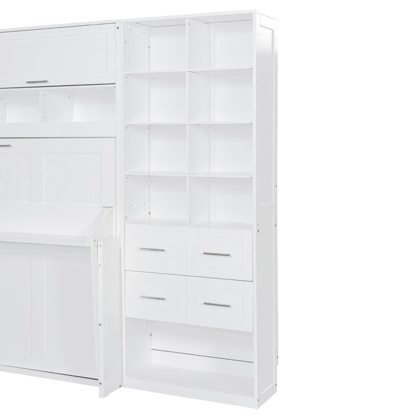 English Elm Full Size Murphy Wall Bed with Wardrobe Drawers Shelving for Studio Apartments LP000383AAK