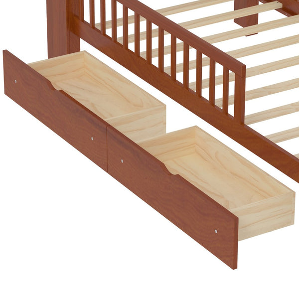 English Elm Twin Bed With Walnut Finish, Headboard Storage, Two Under-Bed Drawers & Safety Guardrails For Kids N733P272374D-GIGA