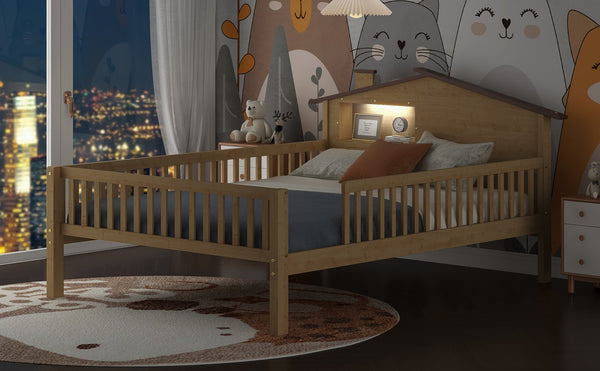 English Elm Full Full Size Wood Platform Bed with House Headboard, LED Lights & Built-In Storage, Natural Finish N709P184430M