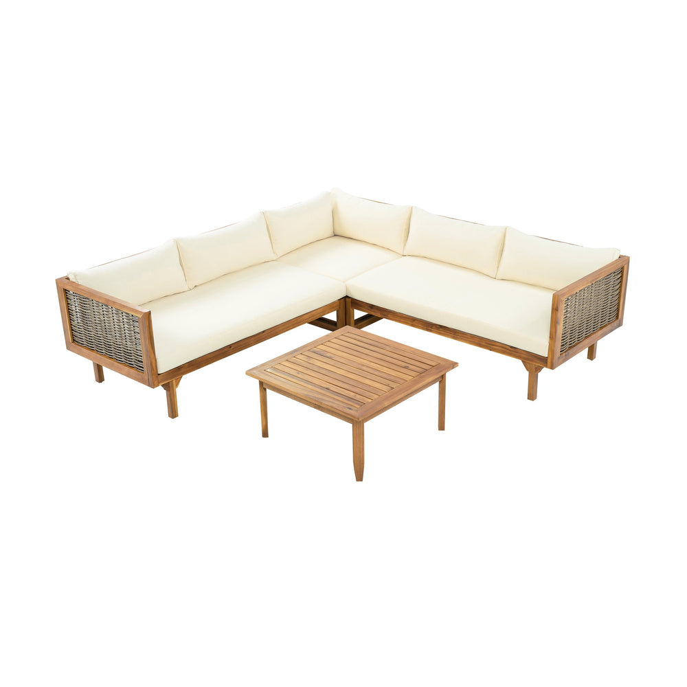 English Elm Christopher Knight Home® - SECTIONAL Modern Outdoor Seating Group with Waterproof Cushions, Acacia Wood Frame and Wicker Elegance Brown Mix,Teak+ Beige N770P278610B_N770P278612B