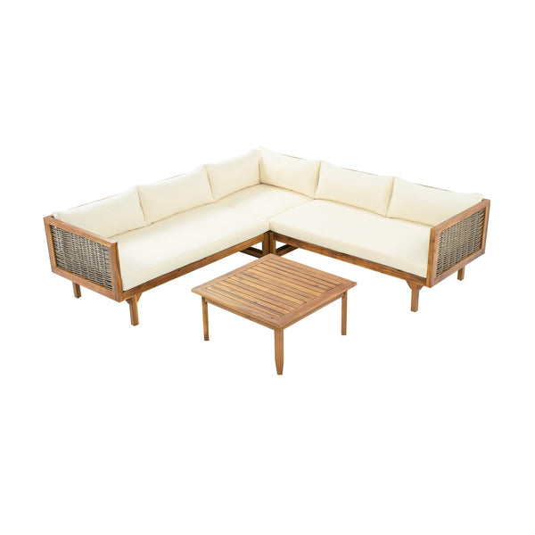English Elm Christopher Knight Home® - SECTIONAL Modern Outdoor Seating Group with Waterproof Cushions, Acacia Wood Frame and Wicker Elegance Brown Mix,Teak+ Beige N770P278610B_N770P278612B