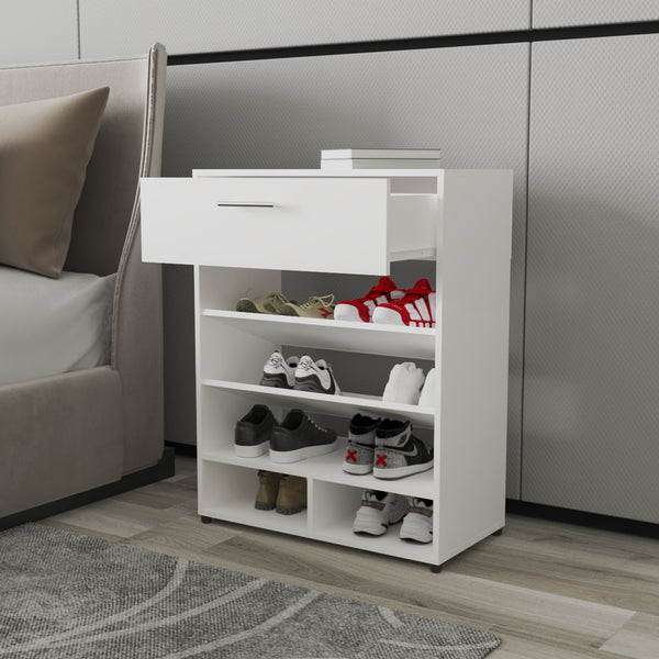 English Elm FM FM FURNITURE Onawa Modern Shoe Rack with Drawer, White — Sleek Entryway Organizer with Spacious Shelf Storage and Durable Melamine Finish B128P293860