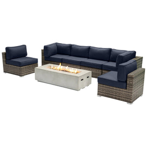 English Elm Fully Assembled 7-Piece Outdoor Seating Set With Fire Pit & Premium Cushions For Cozy Gatherings B120S00137