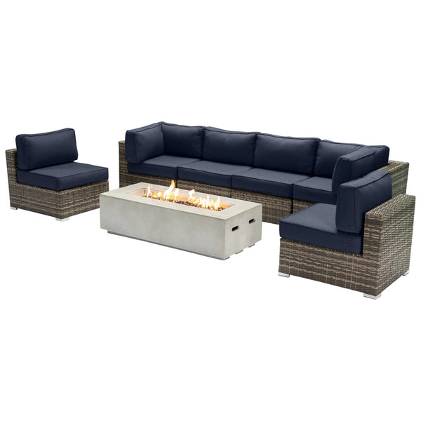 English Elm Fully Assembled 7-Piece Outdoor Seating Set With Fire Pit & Premium Cushions For Cozy Gatherings B120S00137