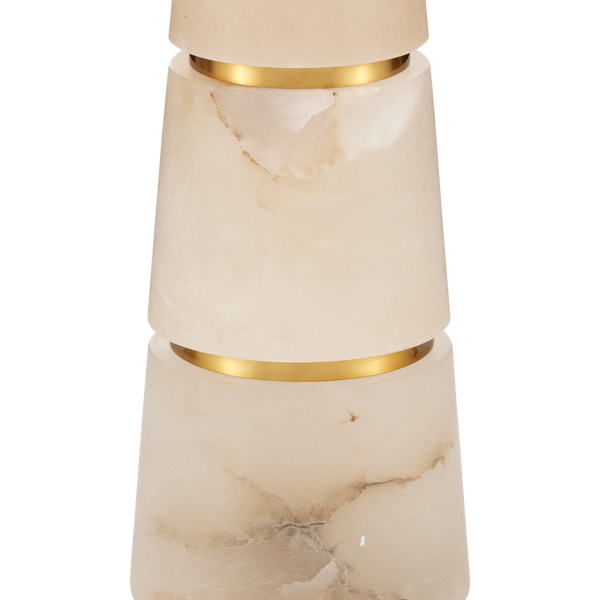 Eleanora Table Lamp - Modern Alabaster Design with Brass Accents, Elegant Off-White Linen Shade