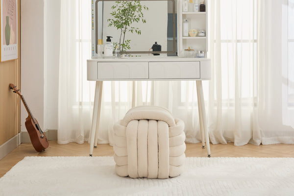 English Elm 060-Chenille Plush Knot Ottoman Stool with Foam Fill & Wooden Frame — Stylish, Comfortable Indoor Seat (No Assembly) Beige W527P239023