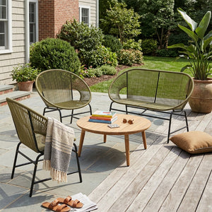 English Elm Nusa Outdoor Pe Rattan Conversation Set with Acacia Wood Coffee Table Patio Green,Natural NUSA4PCSET-GRN