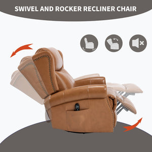 English Elm Heat Massage Swivel Rocker Recliner in Genuine Leather for Living Room Comfort W3224S00013
