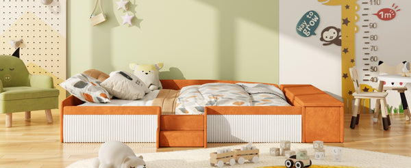 English Elm King Velvet Kids Platform Bed with Padded Guardrails Staircase and Storage Ottoman Brown+White SF000204AAD