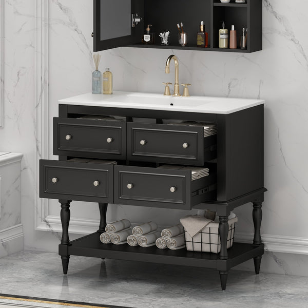 English Elm 36" Bathroom Vanity with Sink Combo, 36" Ceramic Undermount Basin, Solid Wood Frame, 4 Drawers, Waterproof Painted Finish Black N710P250654B