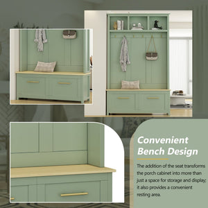 English Elm On-trend Entryway Hall Tree with Gold Hooks Bench Drawers and Shoe Cabinet Storage Mint Green N721S000056M-1
