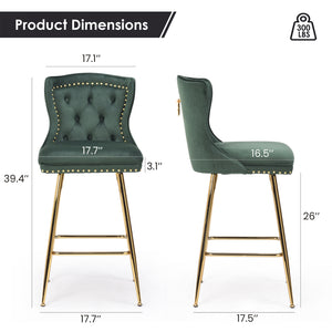 English Elm Bar Stools Set Of 2 - Elegant Green Velvet Wing-Back Chairs With Gold Metal Legs For Modern Dining T3623P363070
