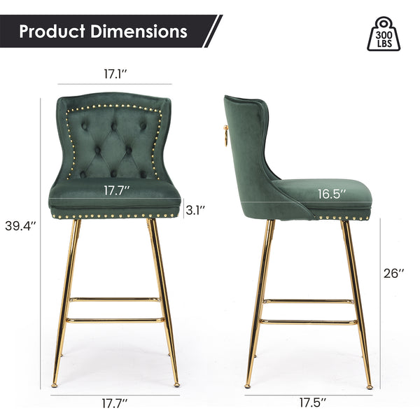 English Elm Bar Stools Set Of 2 - Elegant Green Velvet Wing-Back Chairs With Gold Metal Legs For Modern Dining T3623P363070