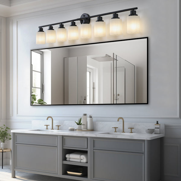 English Elm 52" Modern 8-Light Vanity Bathroom Wall Sconce - Frosted Glass & Black Iron Design For Stylish Illumination W2312P374808