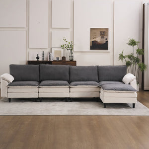 English Elm 129.92" Chenille Cloud Sectional Modular L Shaped Sofa with Ottoman Deep Lounge Seating W5029S00003