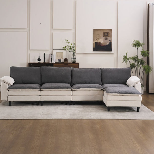 English Elm 129.92" Chenille Cloud Sectional Modular L Shaped Sofa with Ottoman Deep Lounge Seating W5029S00003