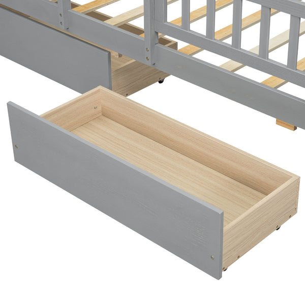 English Elm Wood Twin Size Platform Bed with Built-in LED Light, Multifunctional Headboard, Guardrail & Storage Drawers Gray N709P243969E