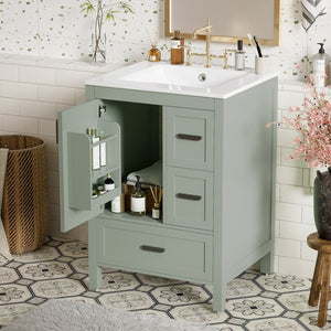 English Elm Modern 24 Inch Bathroom Vanity Solid Wood Cabinet with Ceramic Sink and Soft Close Storage Green N729P292859F