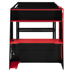 English Elm Full Size Gaming Loft Bed with Led Lighting Desk Shelves and Usb Charging Ports Black+Red N820S00076J
