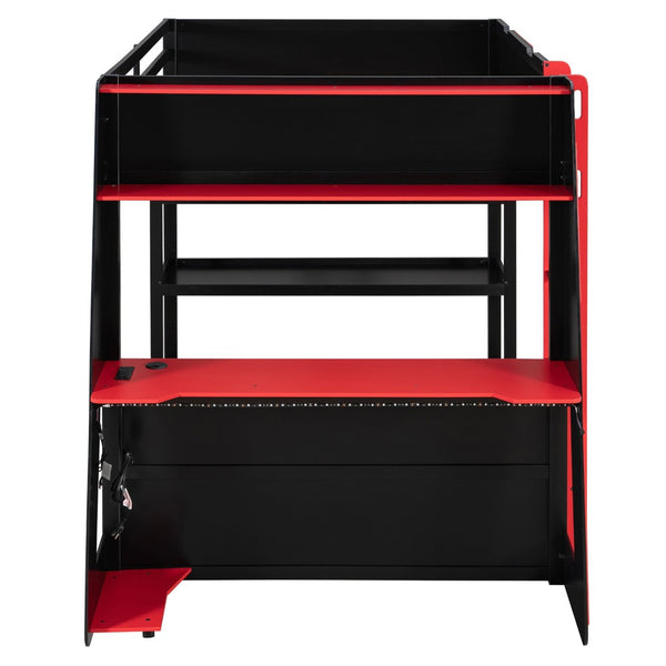 English Elm Full Size Gaming Loft Bed with Led Lighting Desk Shelves and Usb Charging Ports Black+Red N820S00076J