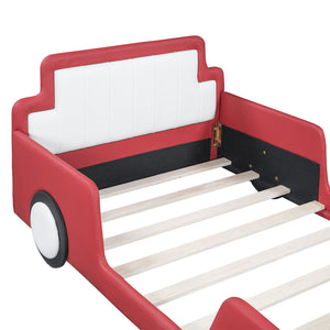English Elm Twin Race Car-Shaped Platform Bed with Safety Rails and Sturdy Slats for Kids’ Room Comfort Red SF000127AAJ