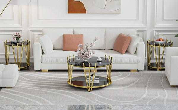 English Elm 19.69inch Gold Round Coffee Table with Crown Frame, 8mm Tempered Glass, Stainless Steel Base, Chic Storage Black W1550P171469