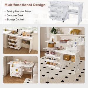 English Elm 4-in-1 Folding Sewing Table with Lockable Wheels, White MDF Craft Station, Shelves, Mobile Workbench W2700P311798