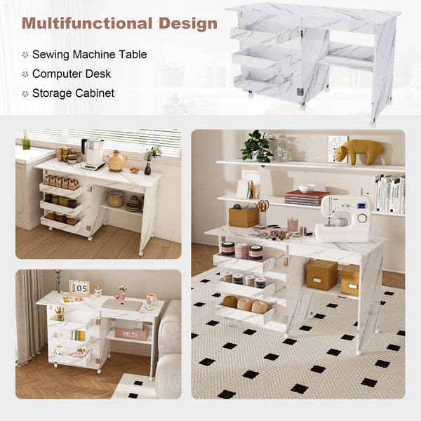 English Elm 4-in-1 Folding Sewing Table with Lockable Wheels, White MDF Craft Station, Shelves, Mobile Workbench W2700P311798