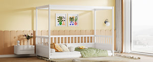 English Elm Twin Pine Canopy Bed Frame with Guardrails for Kids – Montessori Floor Bed with Four Poster Design and Cozy Decor Options White W1858P252838