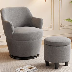 English Elm 360°Swivel Plush Accent Chair with Ottoman, Nail Trim, Storage Tray, Sturdy Metal Base, Cozy Seat Gray W2113P237040