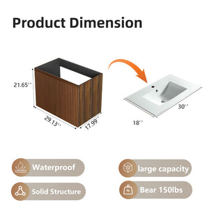 English Elm 30 Inch Floating Bathroom Vanity Fluted Wood Grain Front with Ceramic Integrated Sink Walnut W3520S00028