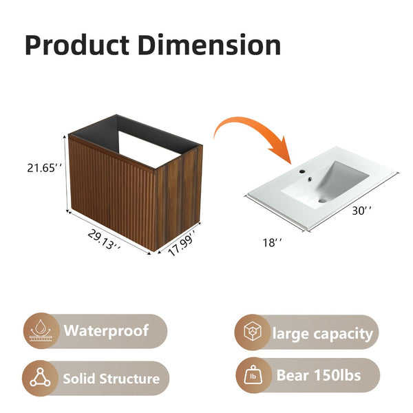 English Elm 30 Inch Floating Bathroom Vanity Fluted Wood Grain Front with Ceramic Integrated Sink Walnut W3520S00028