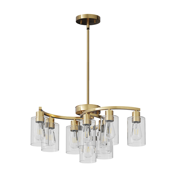 English Elm 9-Light Modern Farmhouse Chandelier with Clear Glass Shades, Adjustable Height, Industrial Iron Fixture Gold W2312P374989