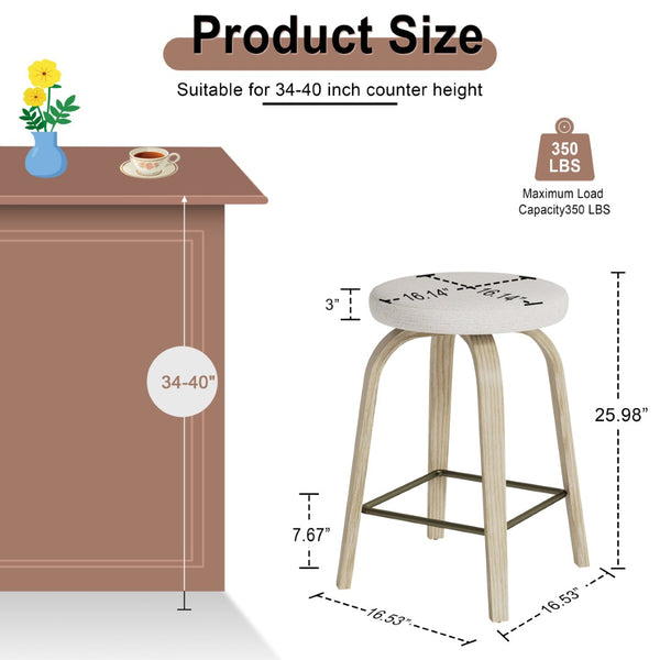 English Elm Swivel Backless Counter Stools Set of 2 with Fabric Seat Bentwood Legs Mid-century Modern Beige W3107P446979