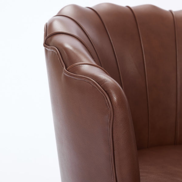 English Elm Brown Petal Swivel Chair - 360° Metal Base, Top-Grain Leather Wingback, Fluted Curved Accent Seat for Home Office Comfort and Style W570P375742