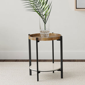 English Elm Cowper Natural Round End Table with Recessed Mango Wood Top and White Marble Shelf, 15.5" Wide B062P374083