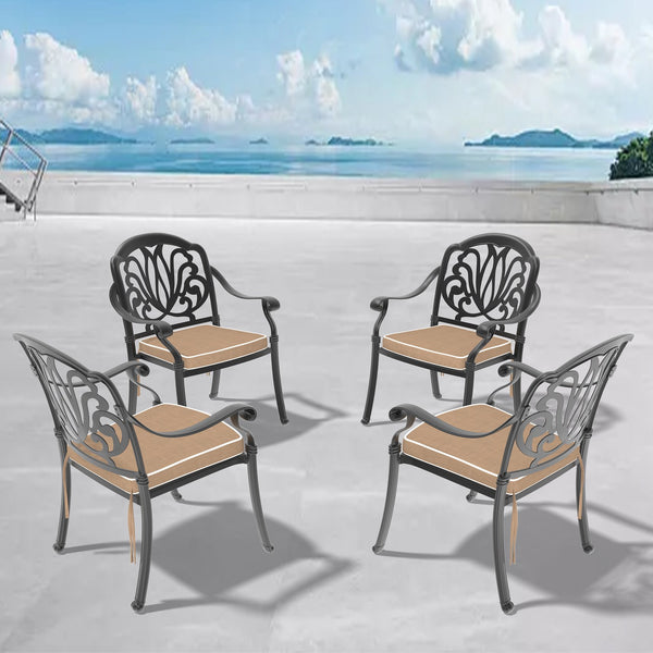 English Elm Cast Aluminum Patio Dining Chair Set Of 4 - Stylish Black Frame With Weather-Resistant Brown Cushions W1710P166052