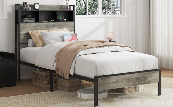 English Elm Bed single-frame with antique gray wood & metal, headboard storage and central charging station, sturdy support W636P315790