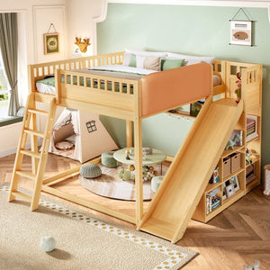 English Elm Queen Loft Bed with Upholstered Headboard Built-in Slide and Open Storage Shelves Natural W1580S00641