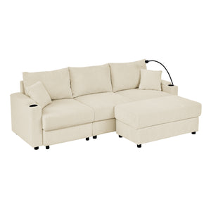 English Elm L-Shaped Modern Sofa With Ottoman, Storage, Cup & Phone Holders - Beige Corduroy Comfort For Living Rooms W1117S00209