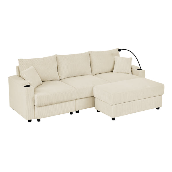 English Elm L-Shaped Modern Sofa With Ottoman, Storage, Cup & Phone Holders - Beige Corduroy Comfort For Living Rooms W1117S00209
