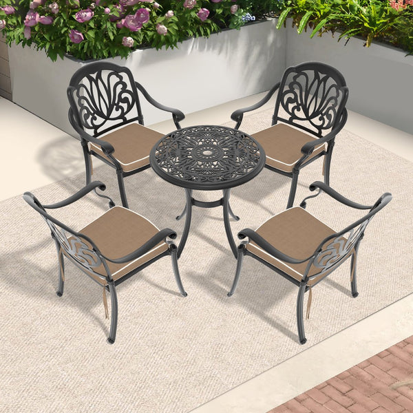 English Elm 5-Piece Cast Aluminum Patio Furniture Set With Black Frame, Brown Cushions & Umbrella Hole Design W1710S00416