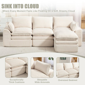 English Elm L Shaped Corduroy Modular Sectional with Cloud Cushions Footstool and Lumbar Pillows Beige W395S00141