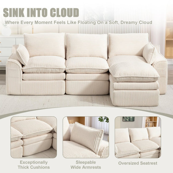 English Elm L Shaped Corduroy Modular Sectional with Cloud Cushions Footstool and Lumbar Pillows Beige W395S00141