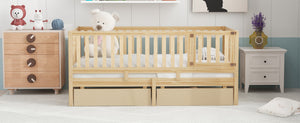 English Elm Twin Pinewood Daybed with Fence Guardrails Splits Into Two Floor Beds Storage Natural LP100881AAN