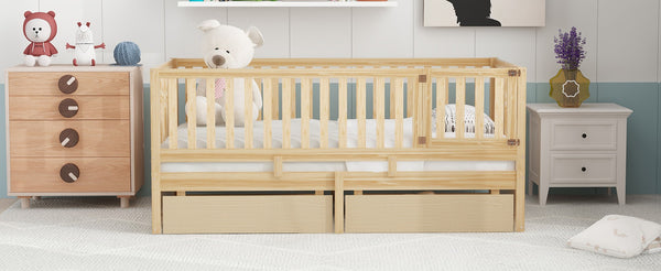 English Elm Twin Pinewood Daybed with Fence Guardrails Splits Into Two Floor Beds Storage Natural LP100881AAN